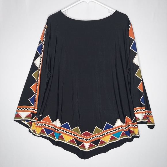 Ashley Stewart Flare Sleeve Top Women 22/24 Multicolor Geometric Stretch Tribal - Picture 2 of 5